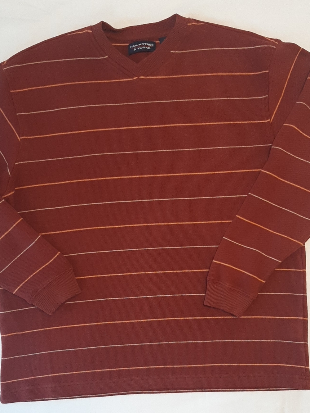 Roundtree & Yorke Men's Rust  Stripe V-Neck Shirt Cabincore Casual